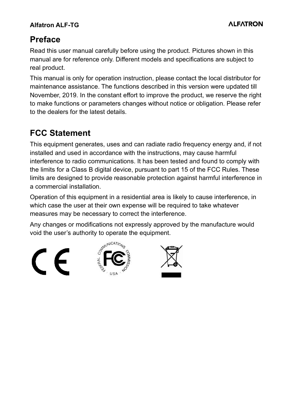 Preface, Fcc statement | Alfatron Table Grommet for ALF-WU4K User Manual | Page 2 / 10