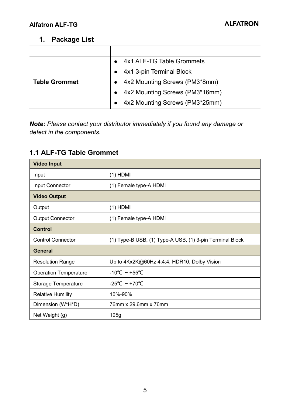 Package list, 1 alf-tg table grommet | Alfatron Table Grommet for ALF-WU4K User Manual | Page 5 / 10