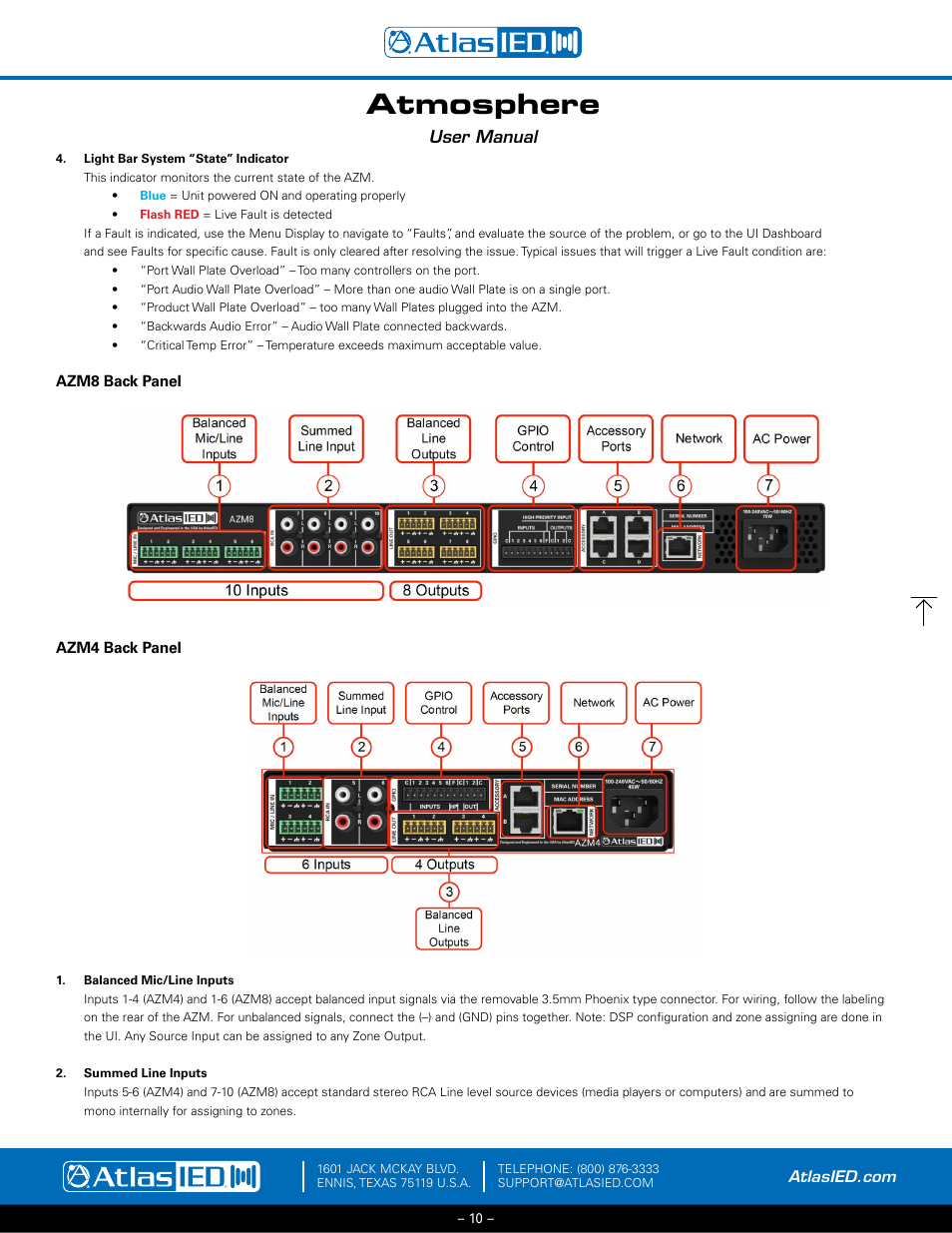 Azm4 & azm8 front panel, Azm8 back panel, Azm4 back panel | Atmosphere, User manual | Atlas Sound Atmosphere C-ZSV Zone, Source, and Volume Wall Controller (Black) User Manual | Page 10 / 79