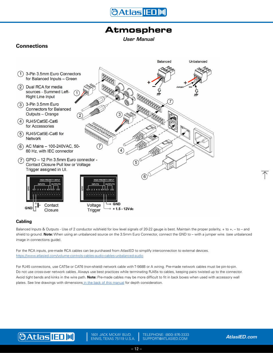 Connections, Cabling, Atmosphere | Atlas Sound Atmosphere C-ZSV Zone, Source, and Volume Wall Controller (Black) User Manual | Page 12 / 79
