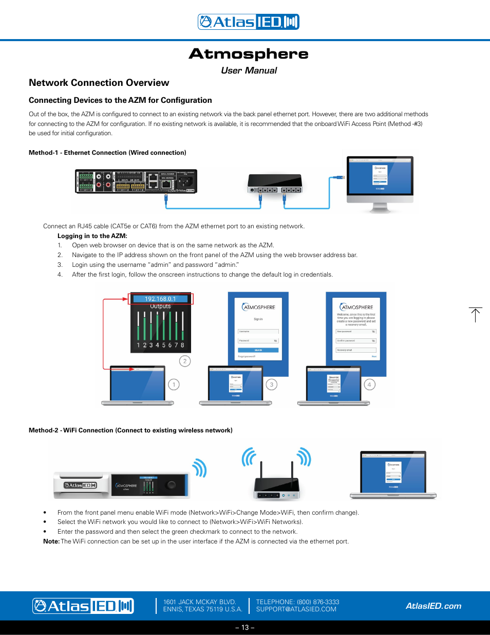 Network connection overview, Connecting network devices for configuration, Method 1 - ethernet wired connection | Method 2 - wifi connection, Atmosphere, User manual | Atlas Sound Atmosphere C-ZSV Zone, Source, and Volume Wall Controller (Black) User Manual | Page 13 / 79