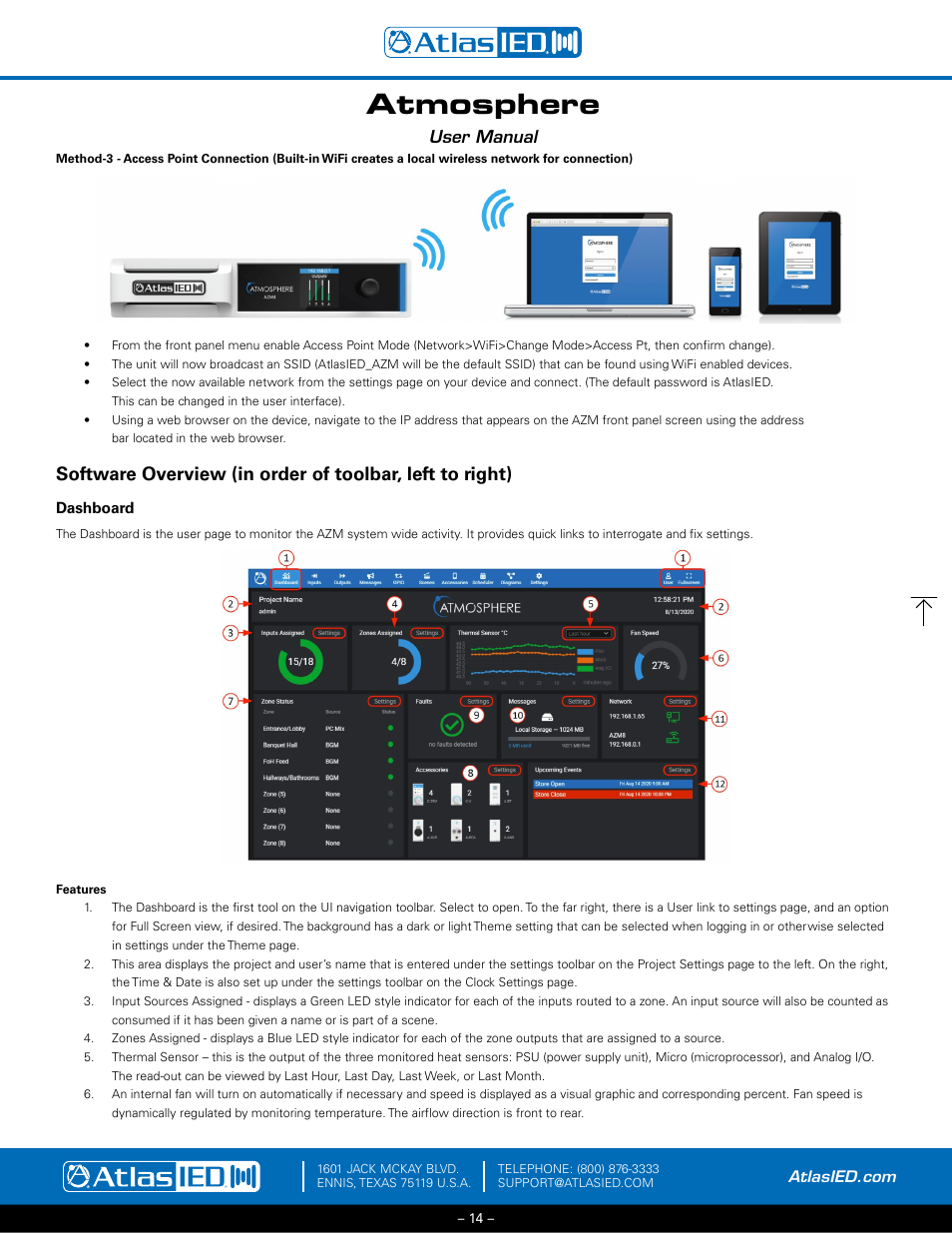 Method 3 - access point connection, Software overview, Dashboard | Features, Atmosphere, User manual | Atlas Sound Atmosphere C-ZSV Zone, Source, and Volume Wall Controller (Black) User Manual | Page 14 / 79