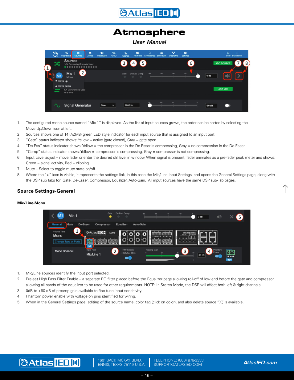Source settings-general – mic/line - mono, Atmosphere, User manual | Atlas Sound Atmosphere C-ZSV Zone, Source, and Volume Wall Controller (Black) User Manual | Page 16 / 79