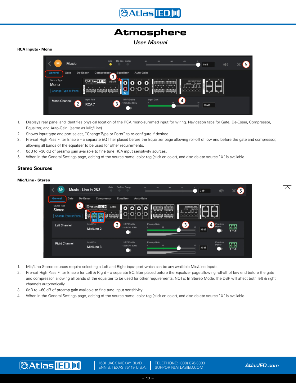 General settings-rca inputs - mono, Stereo sources – mic/line -stereo, Atmosphere | User manual | Atlas Sound Atmosphere C-ZSV Zone, Source, and Volume Wall Controller (Black) User Manual | Page 17 / 79
