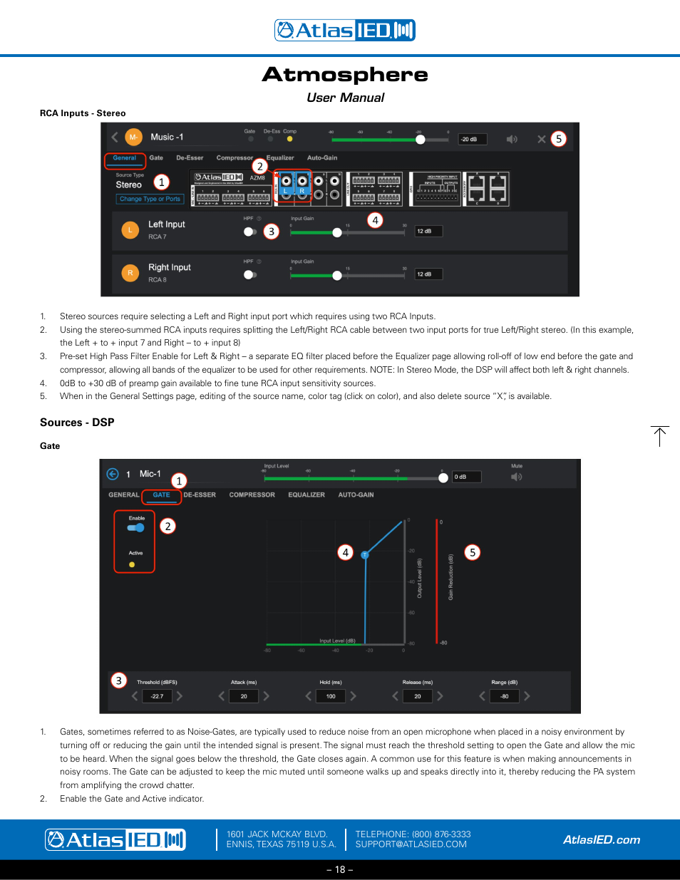 Rca inputs - stereo, Sources – dsp, Gate | Atmosphere, User manual | Atlas Sound Atmosphere C-ZSV Zone, Source, and Volume Wall Controller (Black) User Manual | Page 18 / 79