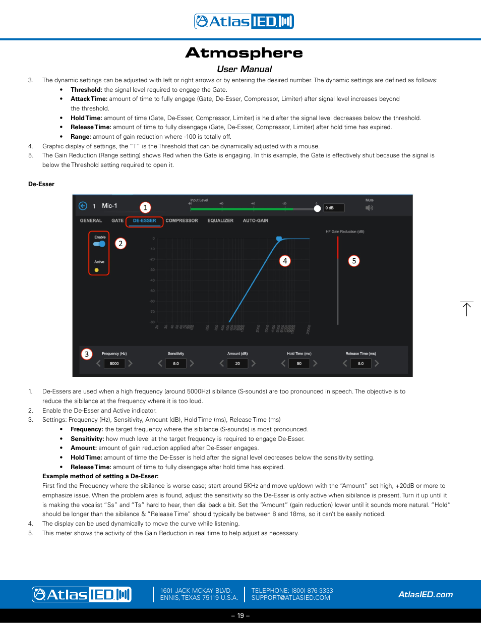 De-esser, Atmosphere, User manual | Atlas Sound Atmosphere C-ZSV Zone, Source, and Volume Wall Controller (Black) User Manual | Page 19 / 79