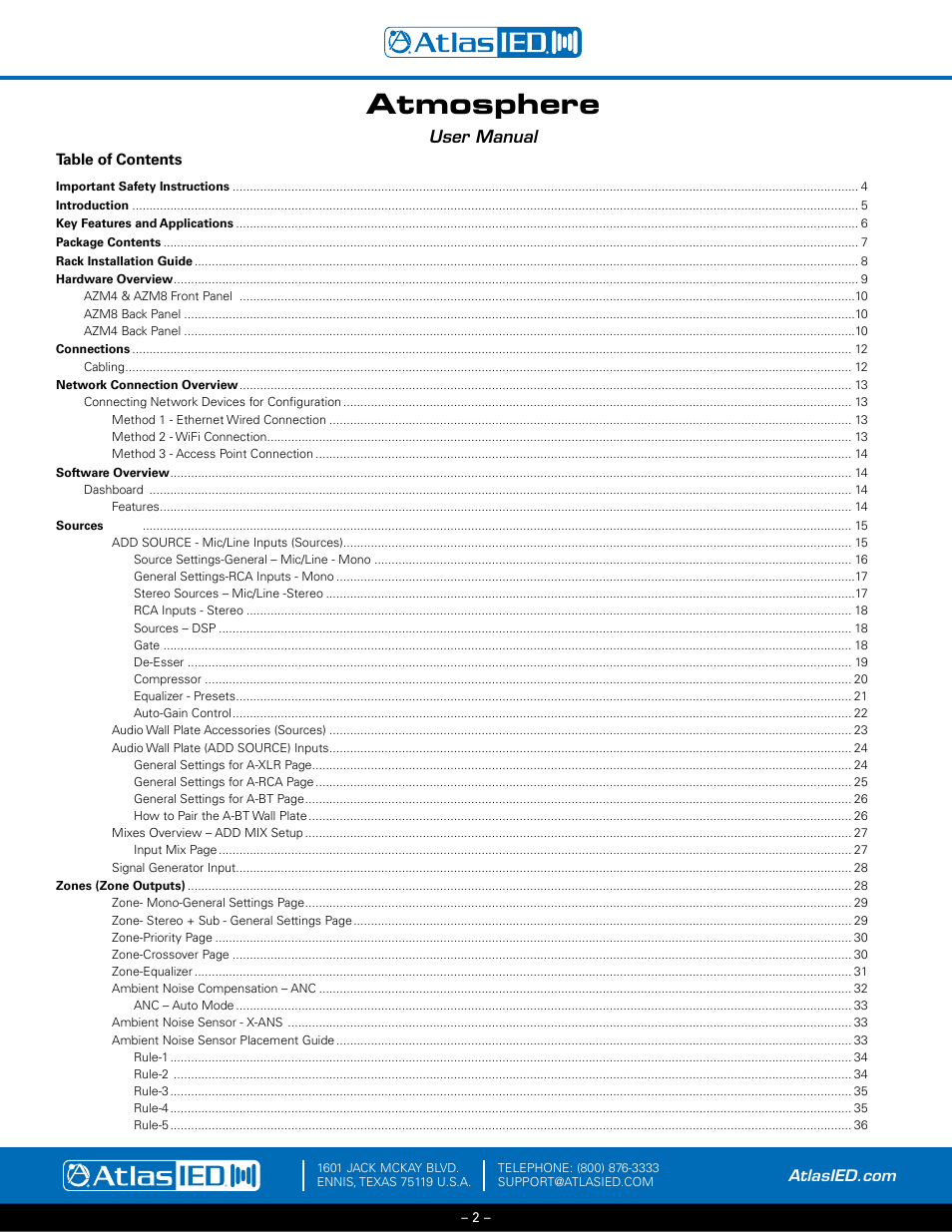 Atmosphere, User manual | Atlas Sound Atmosphere C-ZSV Zone, Source, and Volume Wall Controller (Black) User Manual | Page 2 / 79