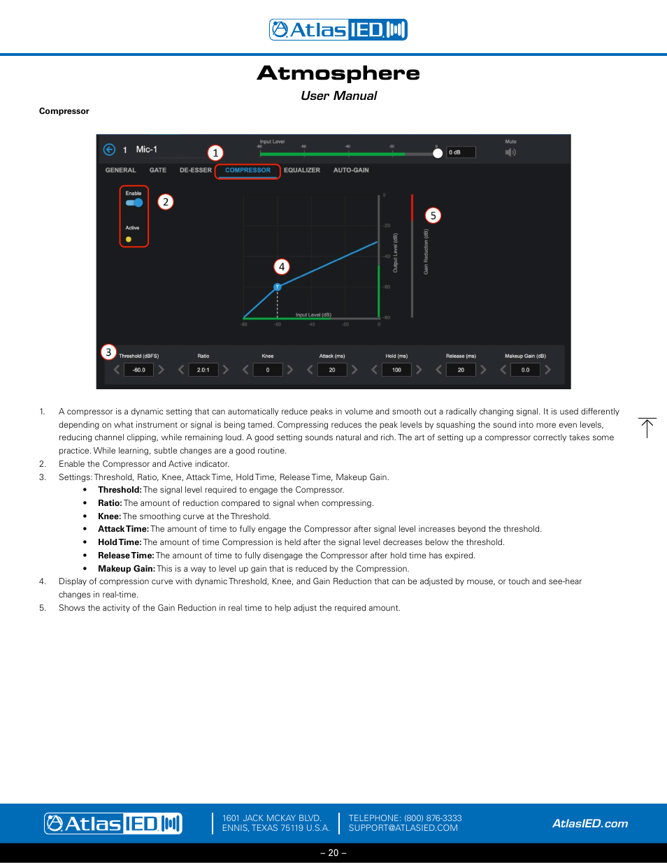 Compressor, Atmosphere, User manual | Atlas Sound Atmosphere C-ZSV Zone, Source, and Volume Wall Controller (Black) User Manual | Page 20 / 79