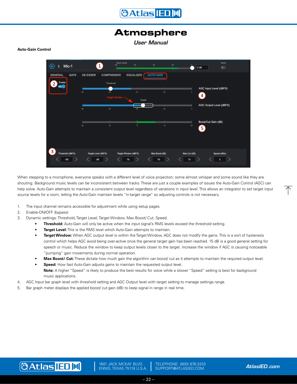 Auto-gain, Control, Atmosphere | User manual | Atlas Sound Atmosphere C-ZSV Zone, Source, and Volume Wall Controller (Black) User Manual | Page 22 / 79