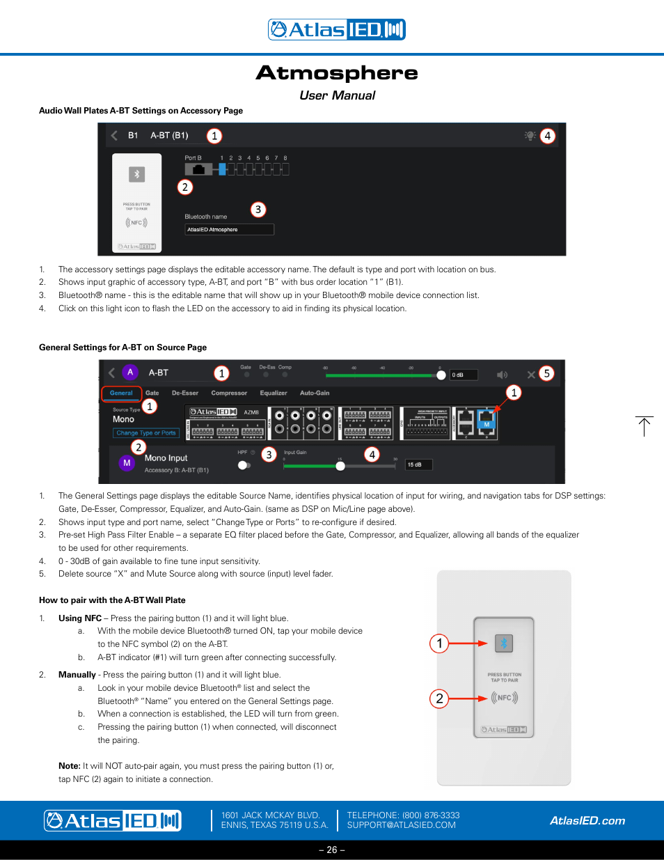 How to pair the a-bt wall plate, Atmosphere, User manual | Atlas Sound Atmosphere C-ZSV Zone, Source, and Volume Wall Controller (Black) User Manual | Page 26 / 79