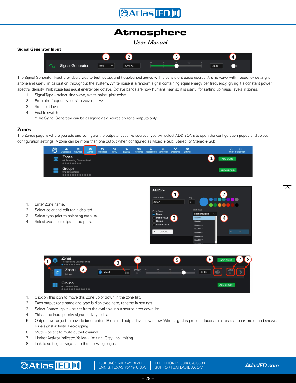 Signal generator input, Zones (zone outputs), Atmosphere | User manual | Atlas Sound Atmosphere C-ZSV Zone, Source, and Volume Wall Controller (Black) User Manual | Page 28 / 79