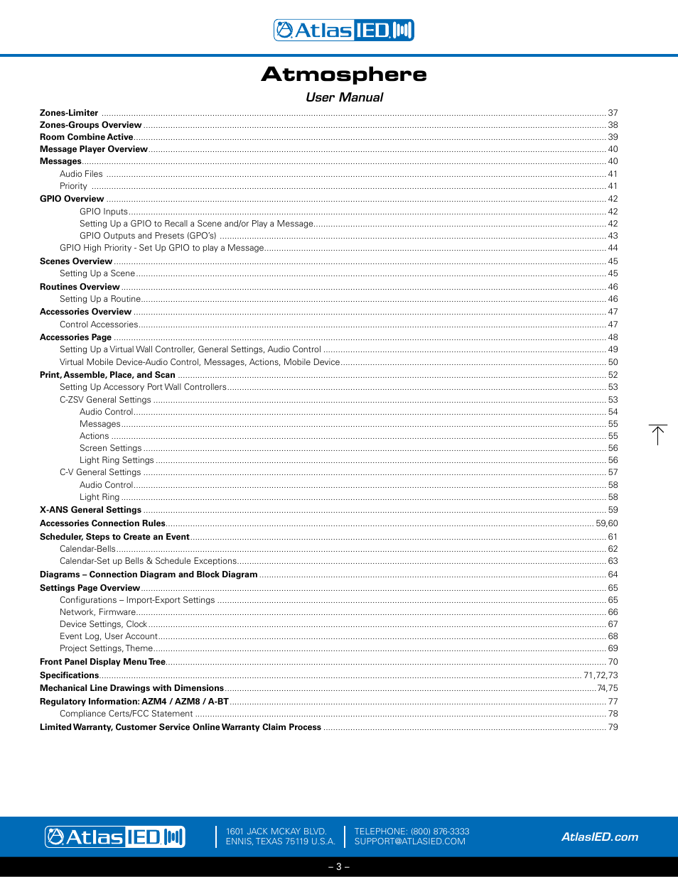 Atmosphere, User manual | Atlas Sound Atmosphere C-ZSV Zone, Source, and Volume Wall Controller (Black) User Manual | Page 3 / 79