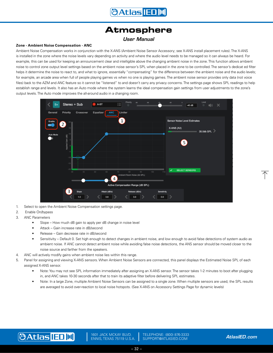 Ambient noise compensation – anc, Atmosphere, User manual | Atlas Sound Atmosphere C-ZSV Zone, Source, and Volume Wall Controller (Black) User Manual | Page 32 / 79