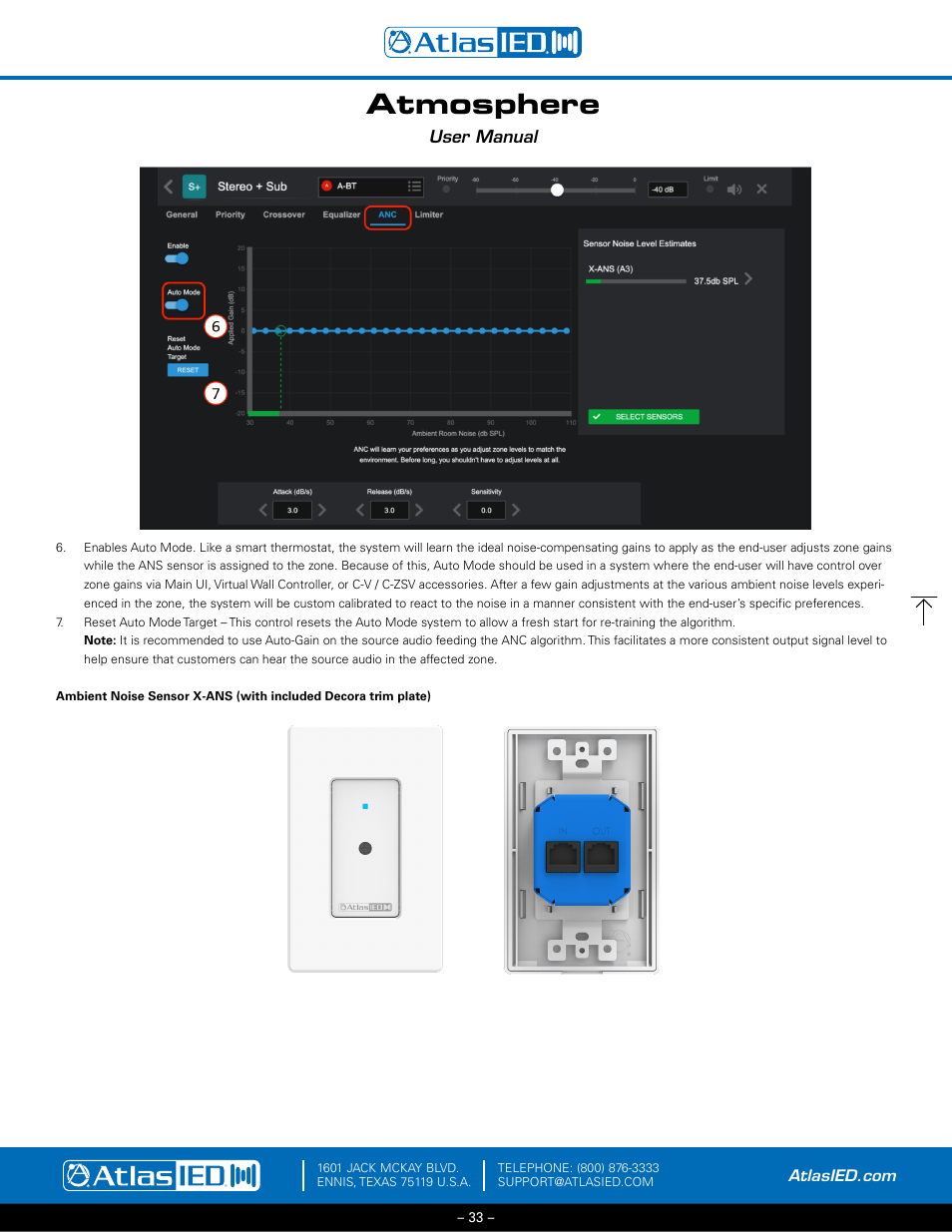 Anc – auto mode, Ambient noise sensor - x-ans, Ambient noise sensor placement guide | Atmosphere, User manual | Atlas Sound Atmosphere C-ZSV Zone, Source, and Volume Wall Controller (Black) User Manual | Page 33 / 79