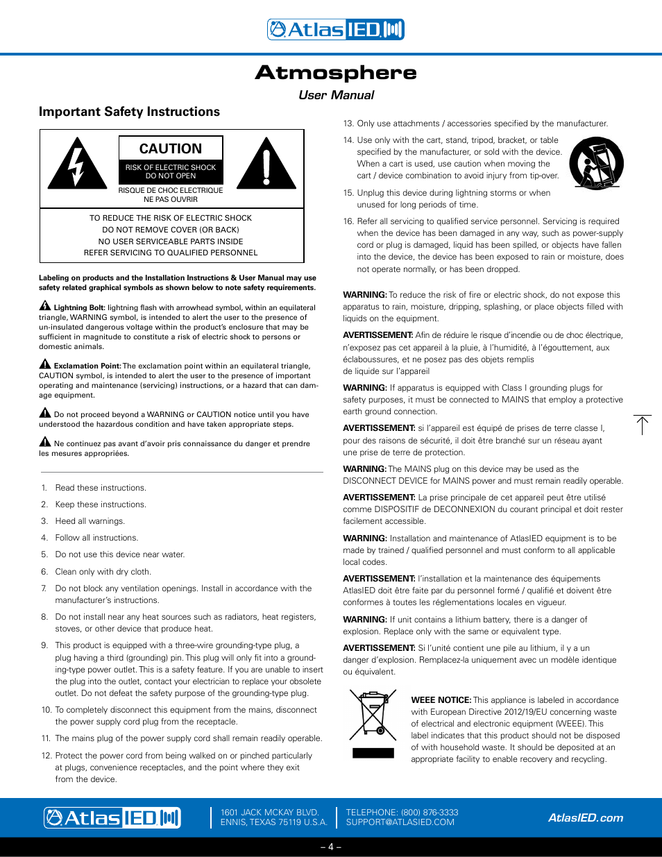 Important safety instructions, Atmosphere, Caution | User manual | Atlas Sound Atmosphere C-ZSV Zone, Source, and Volume Wall Controller (Black) User Manual | Page 4 / 79