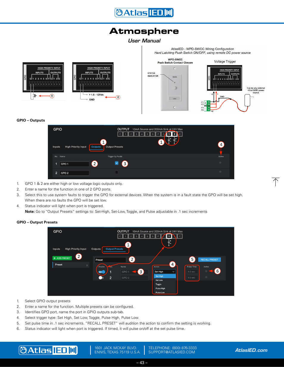 Gpio outputs and presets (gpo’s), Atmosphere, User manual | Atlas Sound Atmosphere C-ZSV Zone, Source, and Volume Wall Controller (Black) User Manual | Page 43 / 79