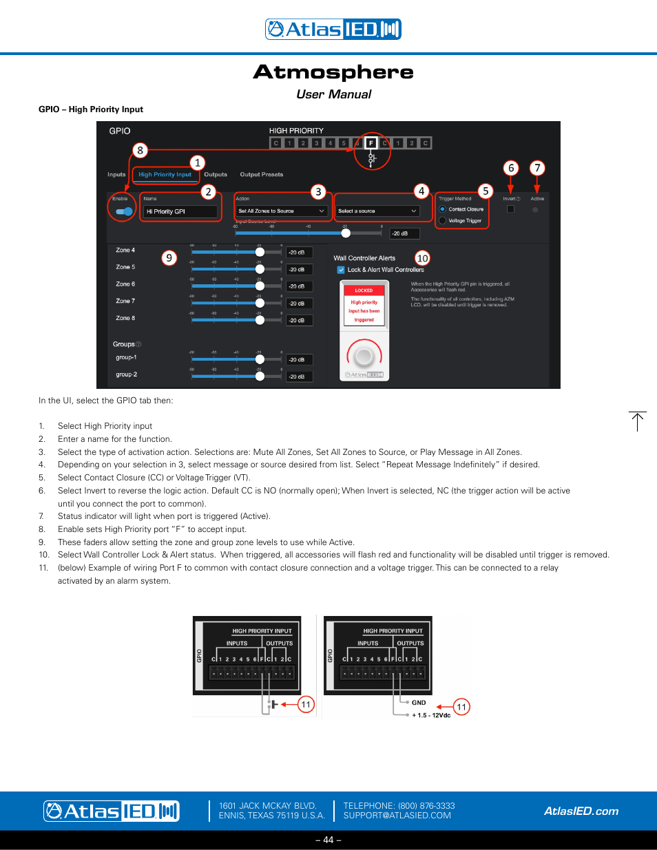 Gpio high priority - set up gpio to play a message, Atmosphere, User manual | Atlas Sound Atmosphere C-ZSV Zone, Source, and Volume Wall Controller (Black) User Manual | Page 44 / 79