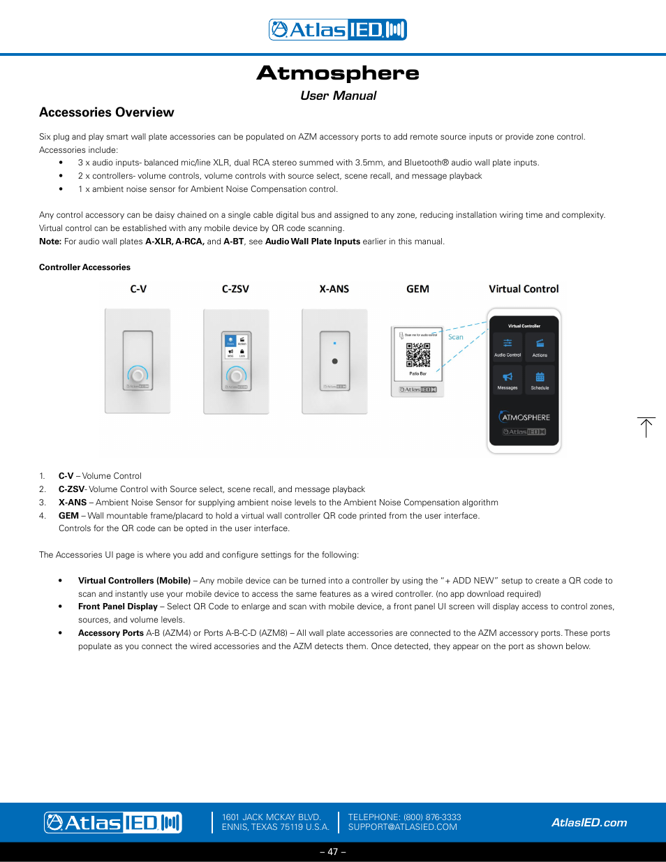 Accessories overview, Control accessories, Atmosphere | User manual | Atlas Sound Atmosphere C-ZSV Zone, Source, and Volume Wall Controller (Black) User Manual | Page 47 / 79