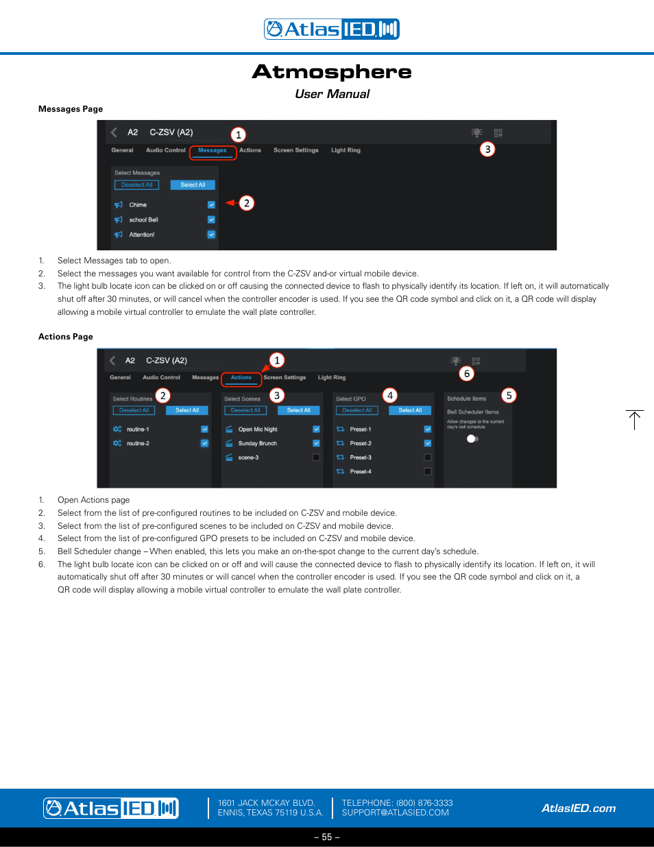 Messages actions, Atmosphere, User manual | Atlas Sound Atmosphere C-ZSV Zone, Source, and Volume Wall Controller (Black) User Manual | Page 55 / 79