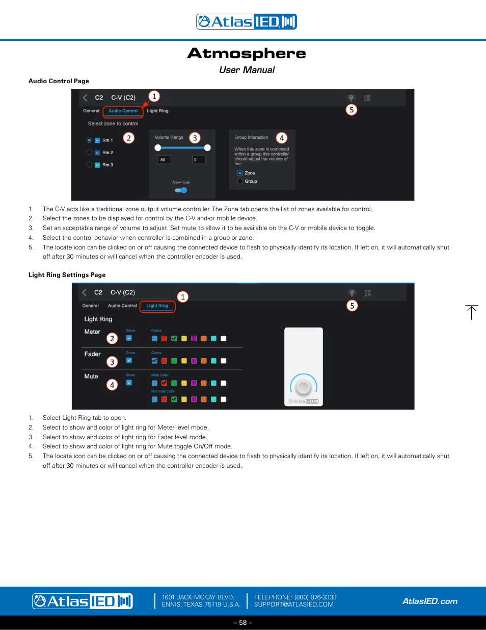 Audio, Control, Light | Ring, Atmosphere, User manual | Atlas Sound Atmosphere C-ZSV Zone, Source, and Volume Wall Controller (Black) User Manual | Page 58 / 79