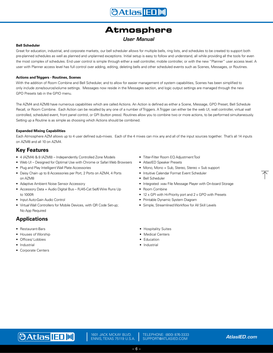 Key features and applications, Atmosphere, Key features | Applications, User manual | Atlas Sound Atmosphere C-ZSV Zone, Source, and Volume Wall Controller (Black) User Manual | Page 6 / 79