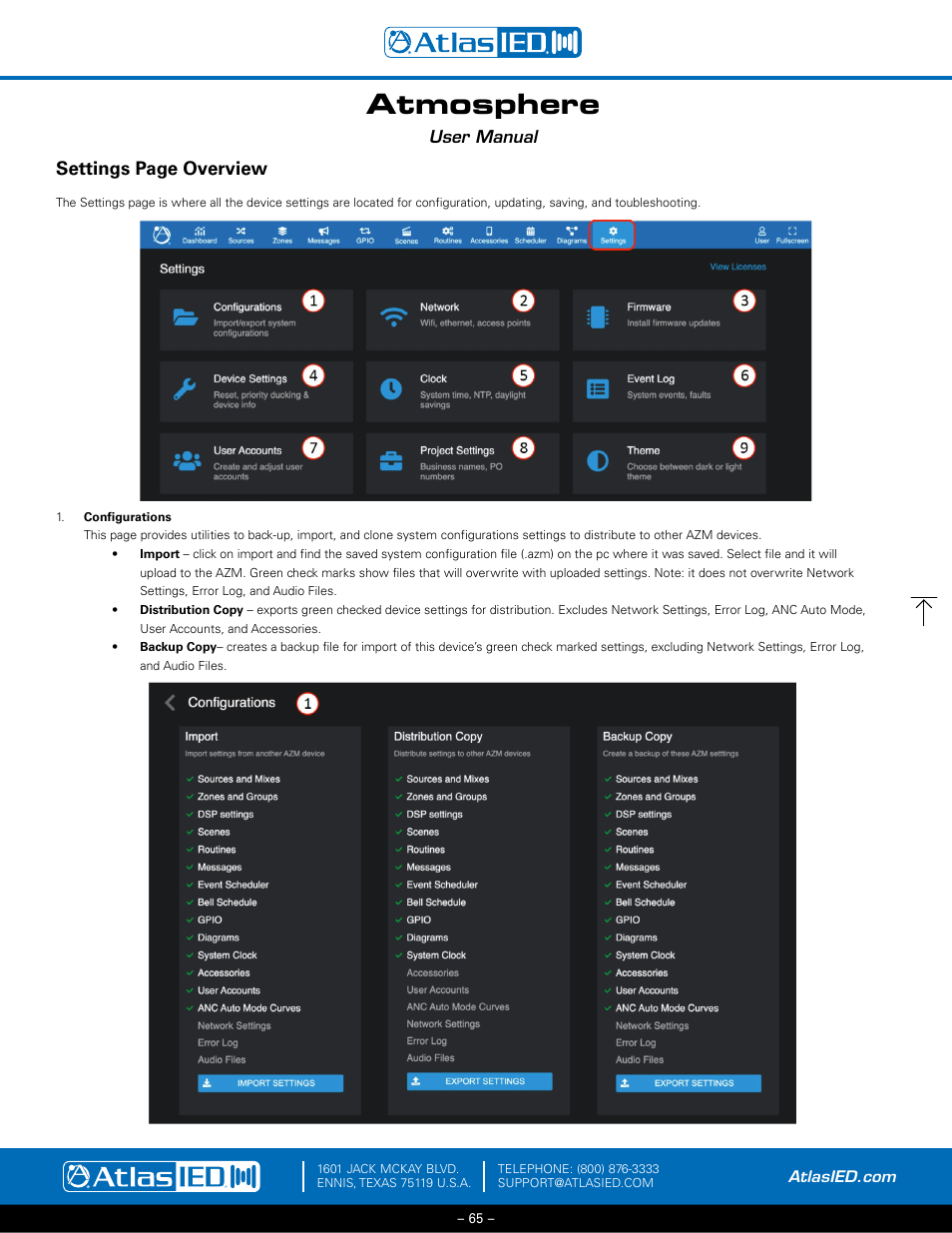 Configurations – import-export settings, Atmosphere, Settings page overview | User manual | Atlas Sound Atmosphere C-ZSV Zone, Source, and Volume Wall Controller (Black) User Manual | Page 65 / 79