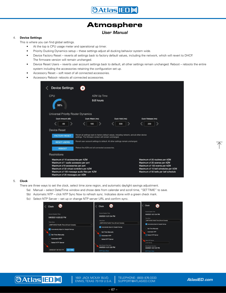 Device settings, clock, Atmosphere, User manual | Atlas Sound Atmosphere C-ZSV Zone, Source, and Volume Wall Controller (Black) User Manual | Page 67 / 79