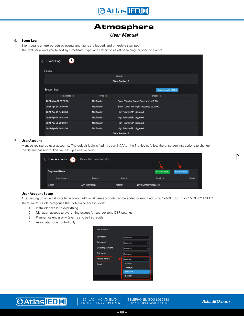 Event log, user account, Atmosphere, User manual | Atlas Sound Atmosphere C-ZSV Zone, Source, and Volume Wall Controller (Black) User Manual | Page 68 / 79