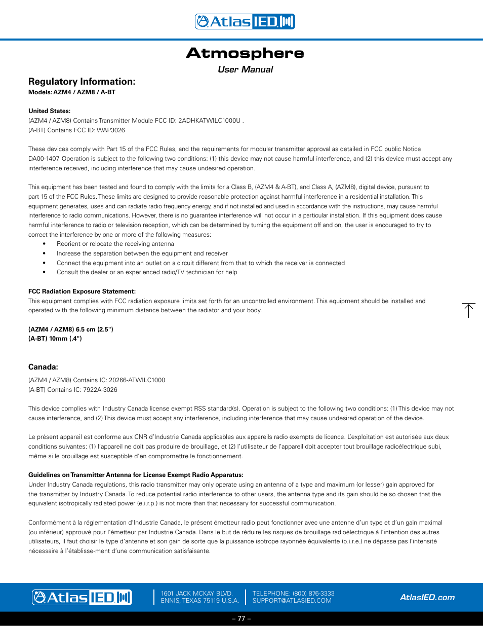 Regulatory information: azm4 / azm8 / a-bt, Atmosphere, Regulatory information | User manual | Atlas Sound Atmosphere C-ZSV Zone, Source, and Volume Wall Controller (Black) User Manual | Page 77 / 79