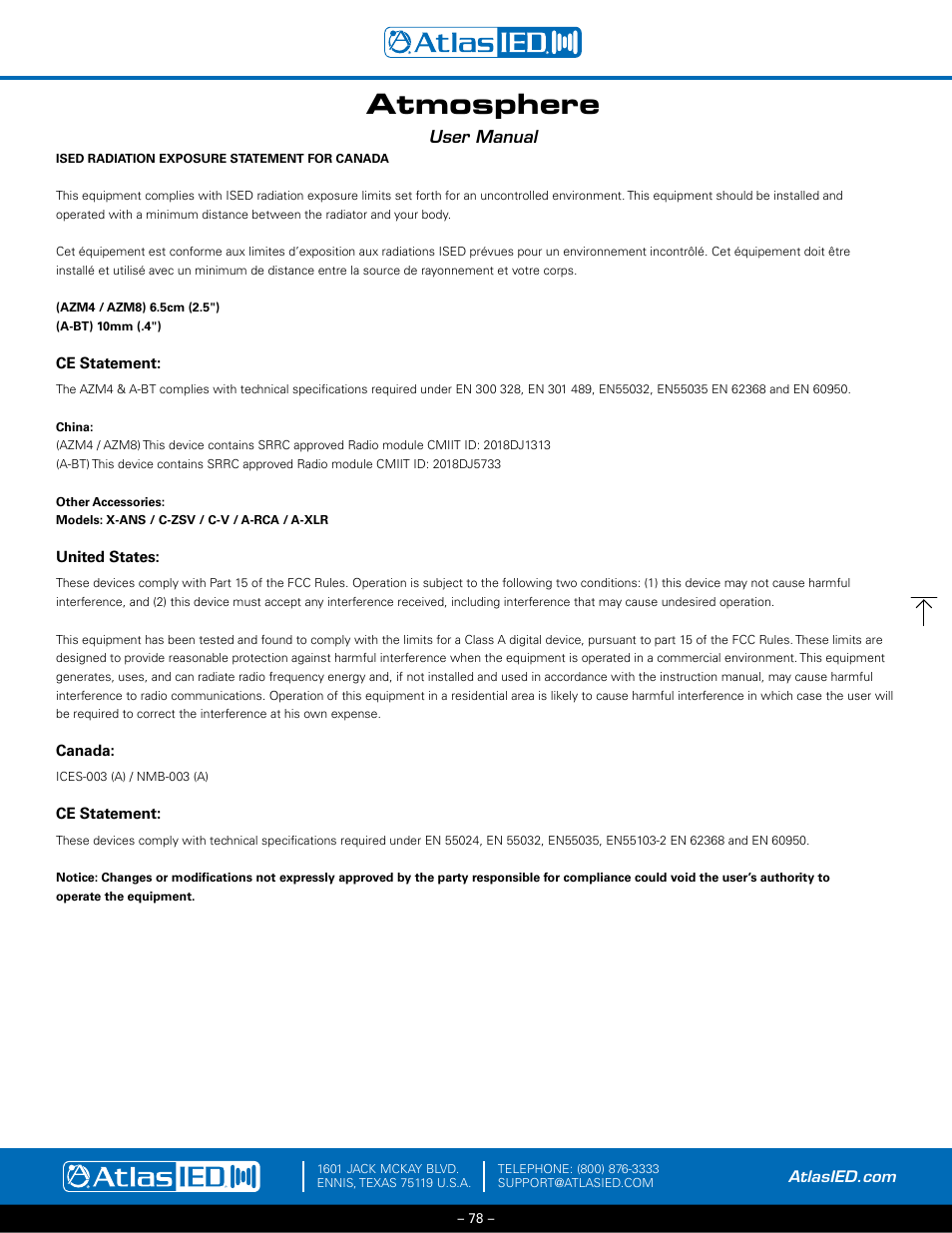 Compliance certs/fcc statement, Atmosphere, User manual | Atlas Sound Atmosphere C-ZSV Zone, Source, and Volume Wall Controller (Black) User Manual | Page 78 / 79
