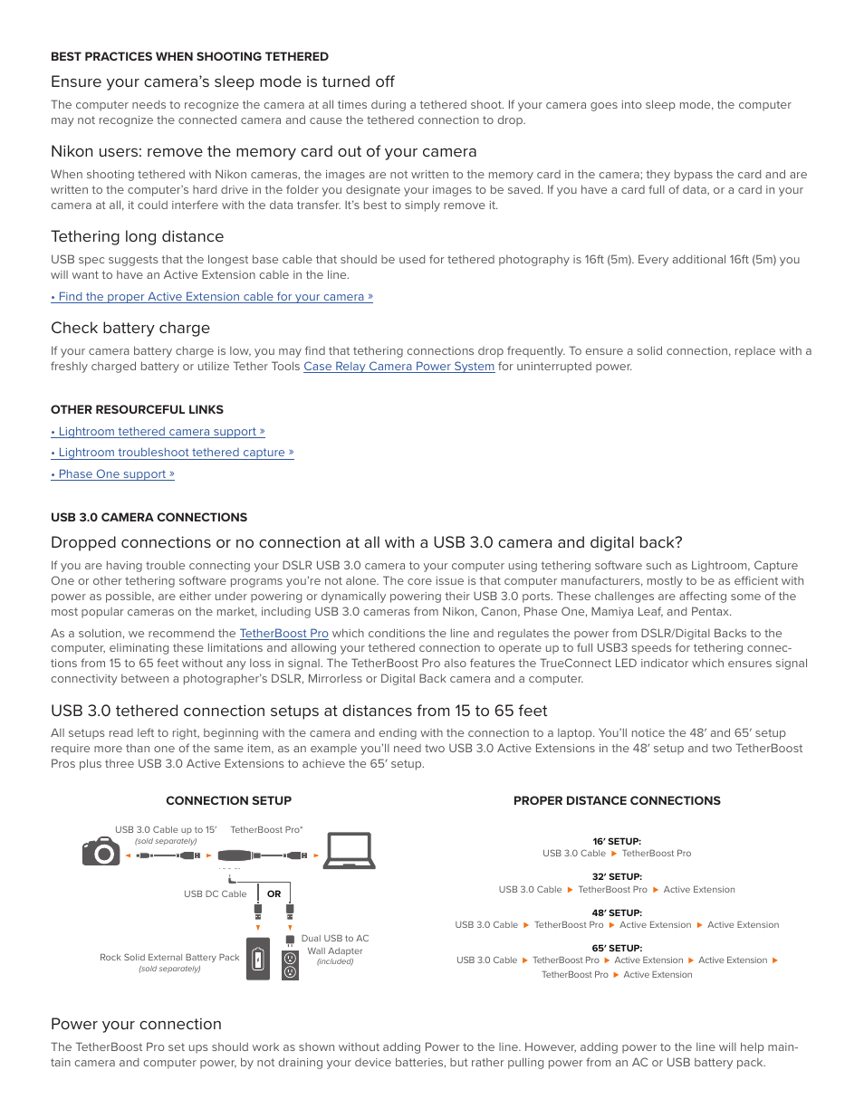 Ensure your camera’s sleep mode is turned off, Tethering long distance, Check battery charge | Power your connection | Tether Tools TetherPro USB 3.0 Active Extension Cable (Hi-Visibility Orange, 16') User Manual | Page 2 / 2