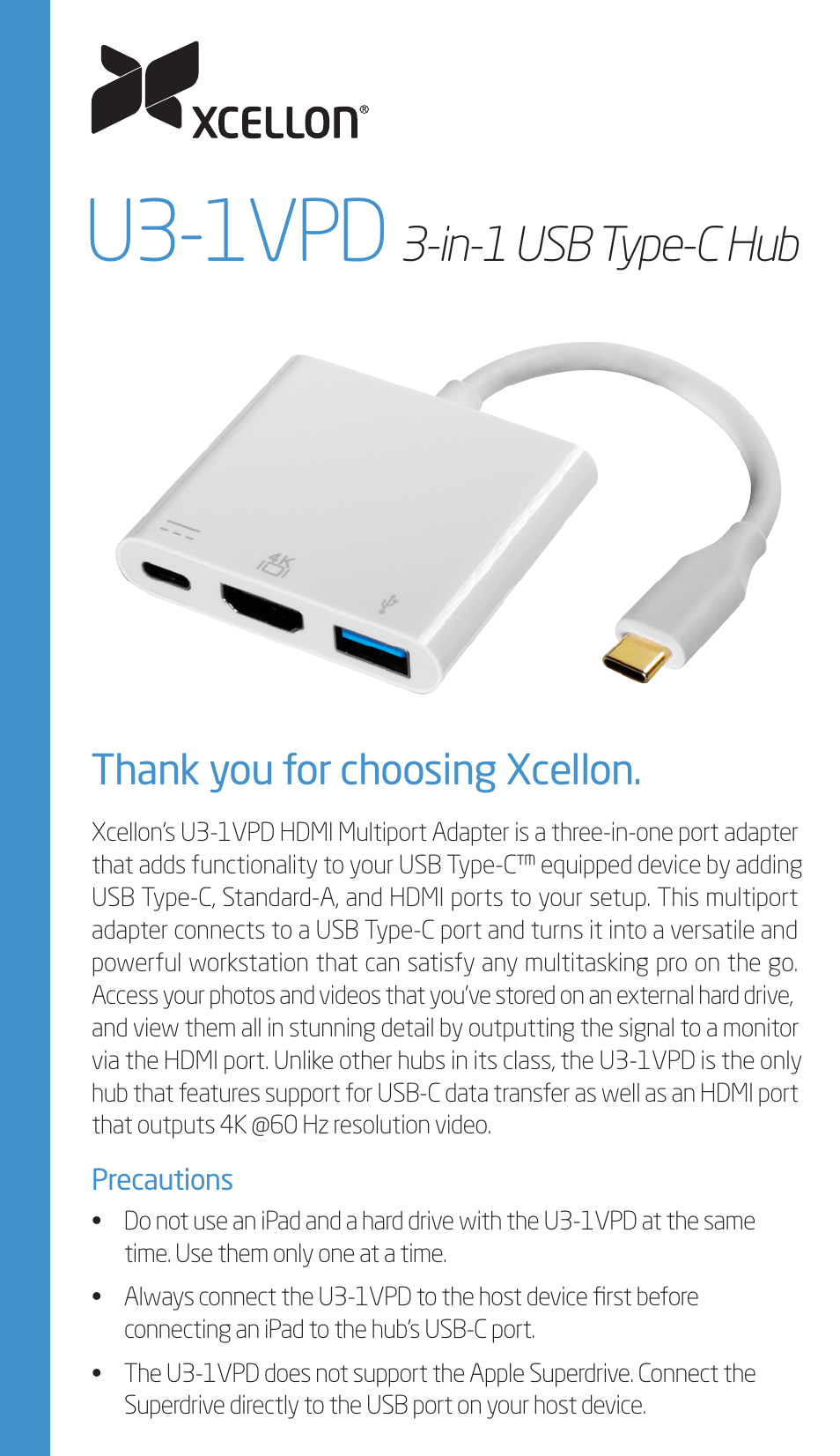 Xcellon 3-in-1 HDMI Multiport Adapter User Manual | 2 pages