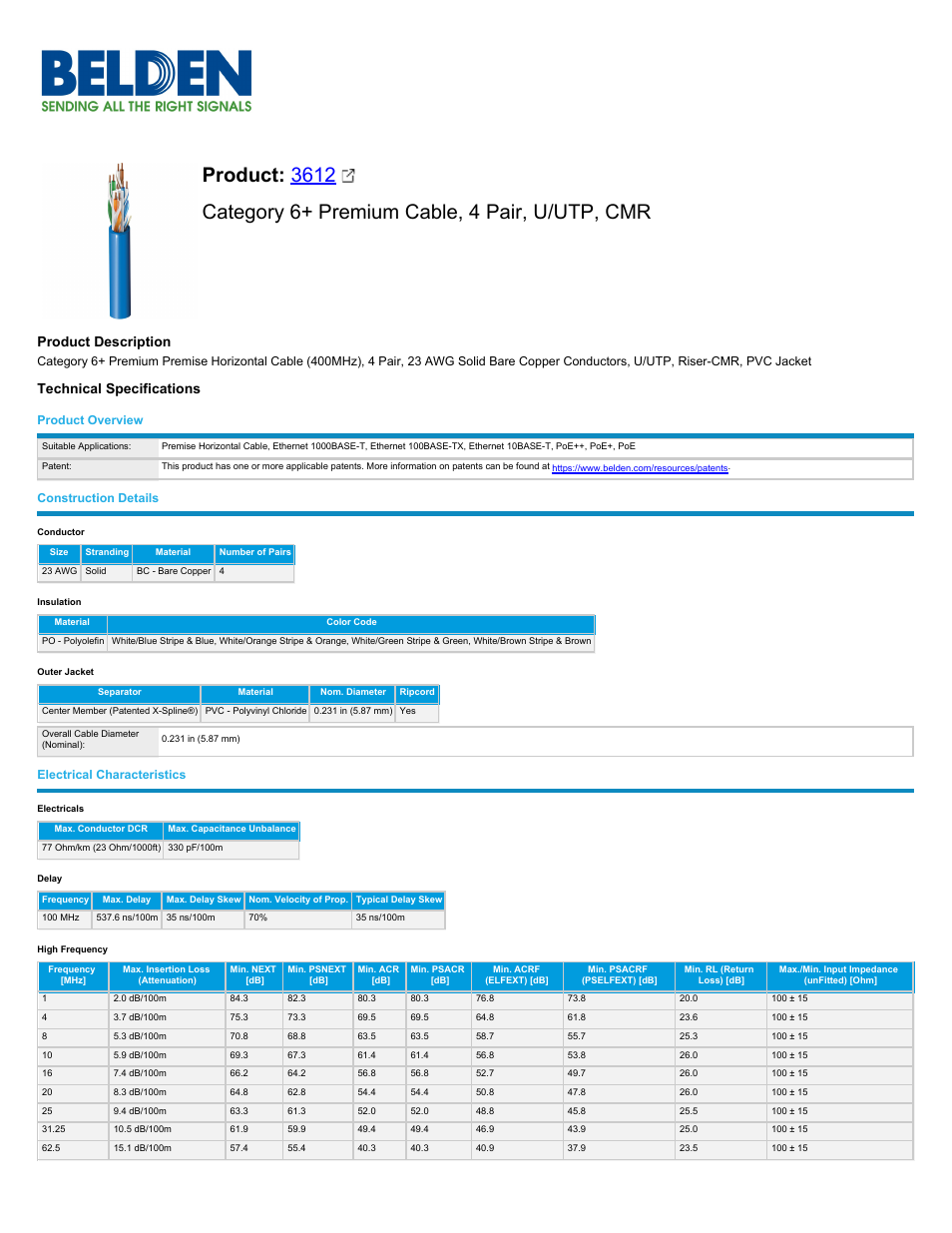 Belden 3612 Cat 6 Bulk Cable (1000', Blue, Reel-in-Box) User Manual | 3 pages