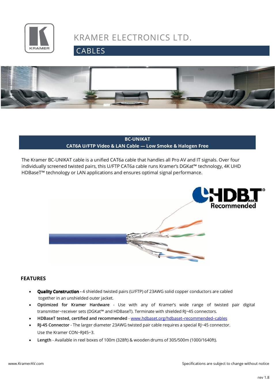 Kramer BC-UNI4-Pair 23-AWG Cat 6a U/FTP Video & LAN Cable (328', Blue) User Manual | 4 pages