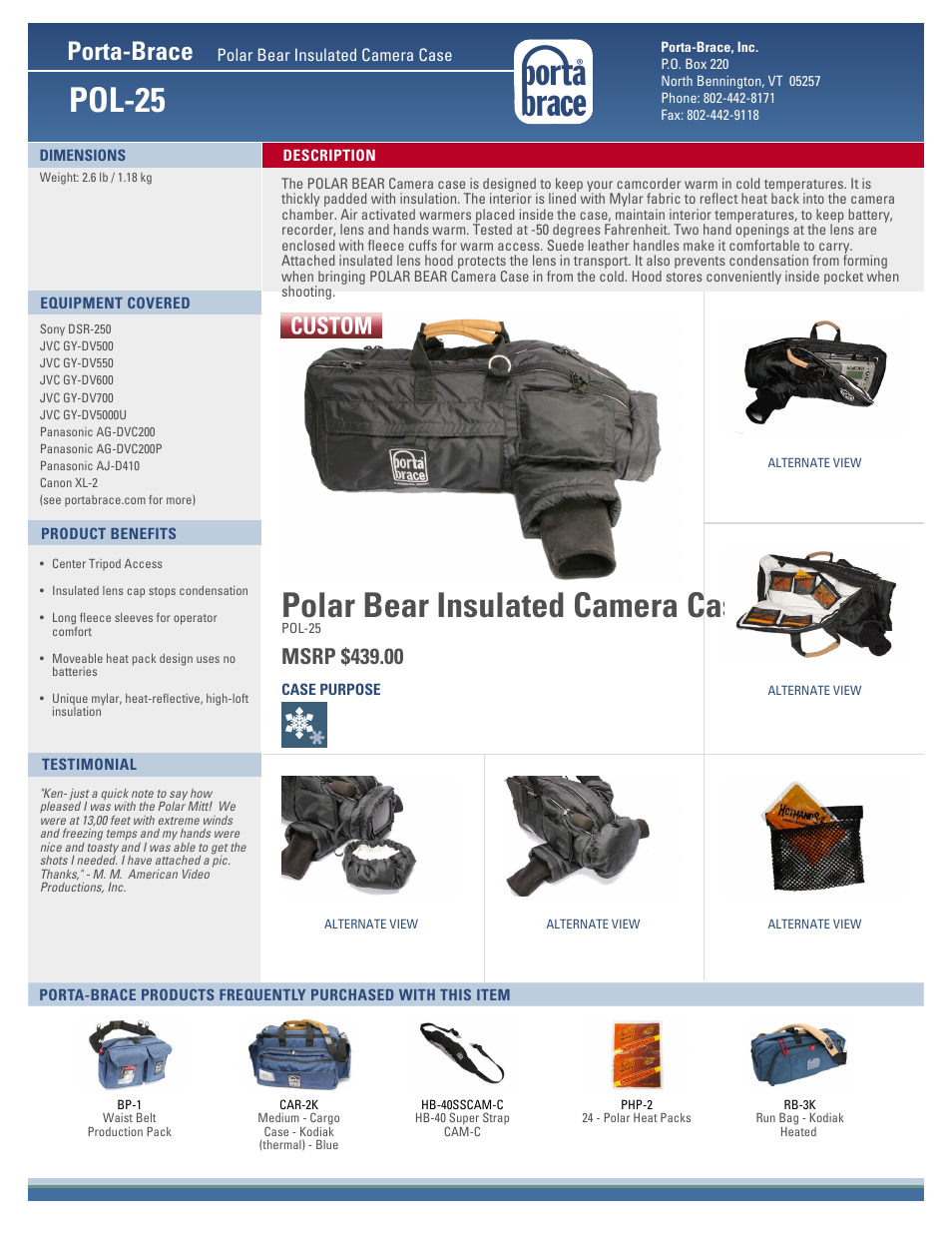 PortaBrace POL-25 Polar Bear Heated Camcorder Case User Manual | 1 page