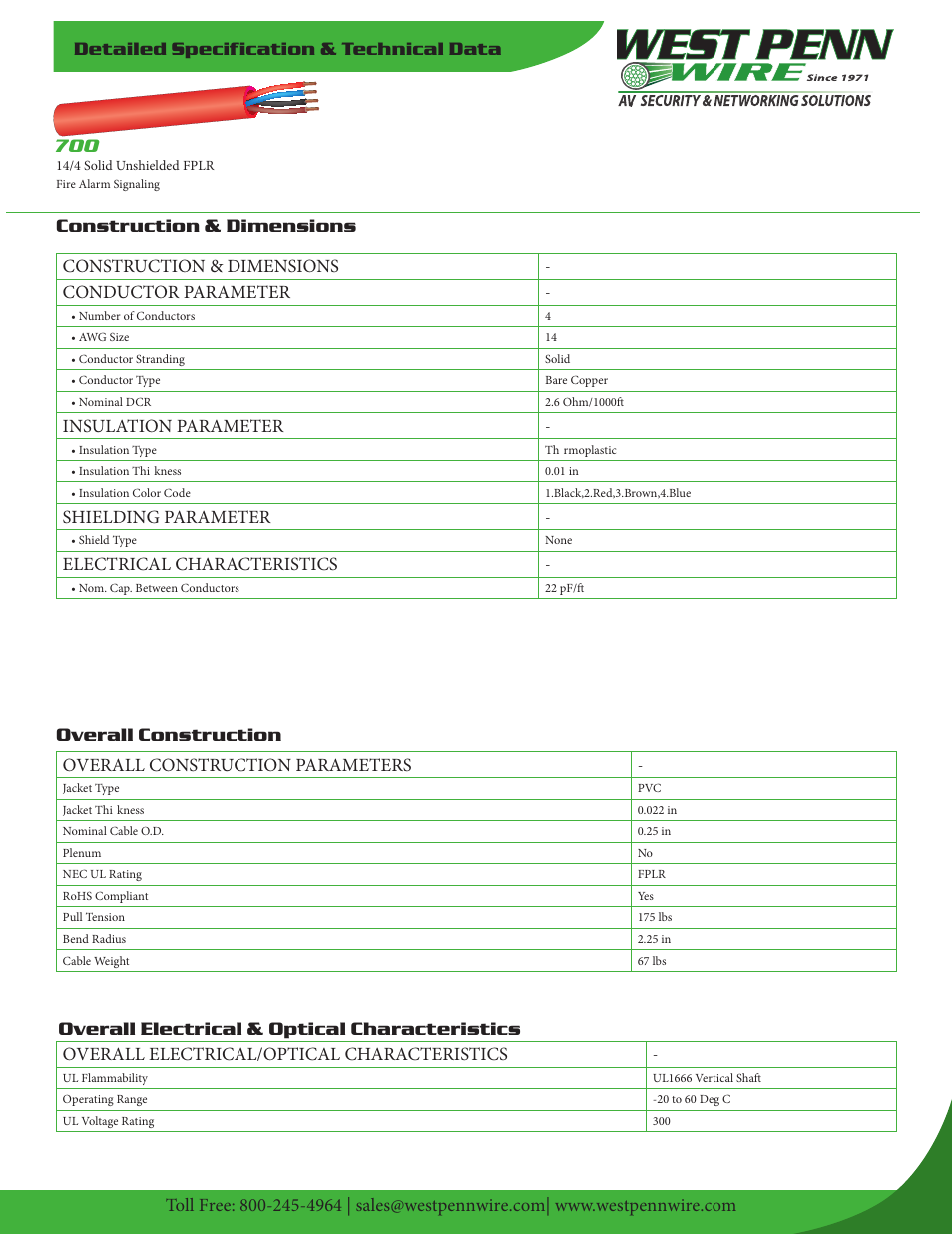 West Penn 700 14 AWG 4-Conductor Unshielded Fire Alarm Signaling Cable (1000', Red) User Manual | 2 pages