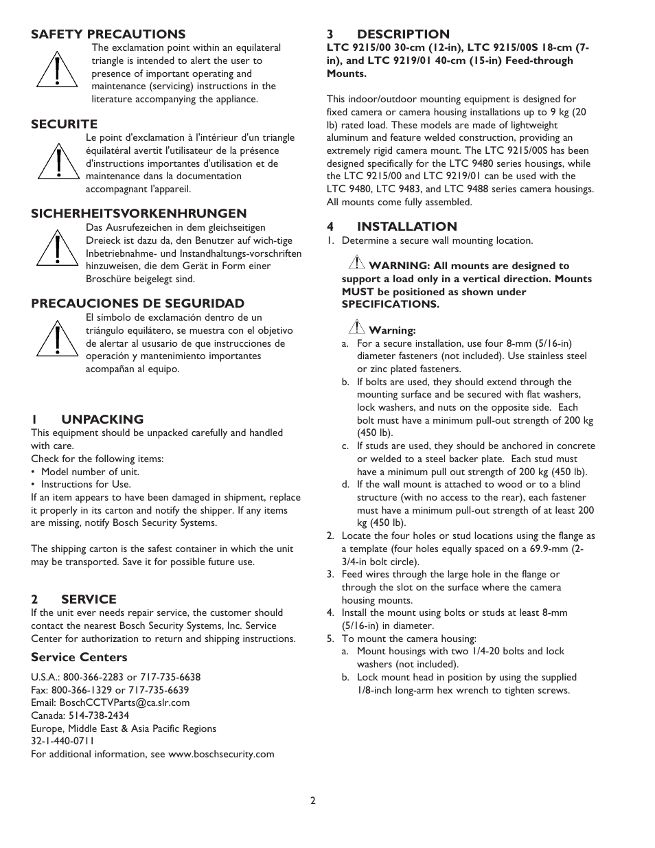 Bosch Indoor/Outdoor 7" Feed-Through Camera Wall Mount User Manual | Page 2 / 4