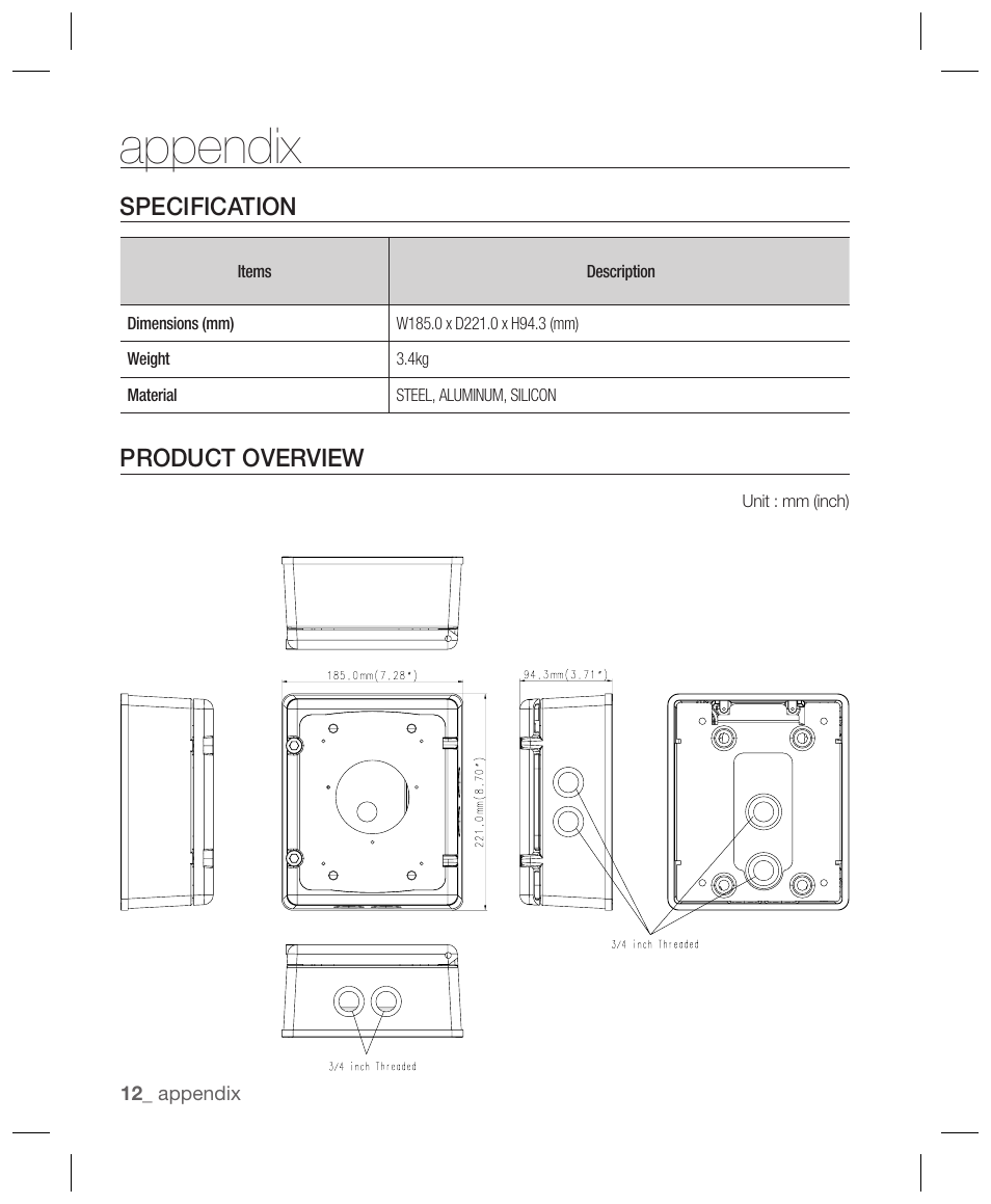 Appendix, Specification, Product overview | Hanwha Vision SBP-300NBW Installation Box (White) User Manual | Page 12 / 13