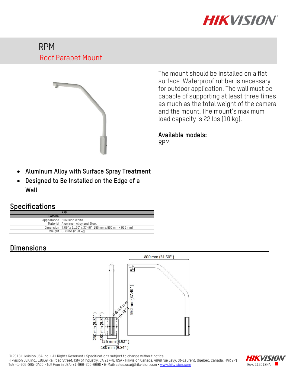 Hikvision RPM Universal Roof Parapet Mount (White) User Manual | 1 page