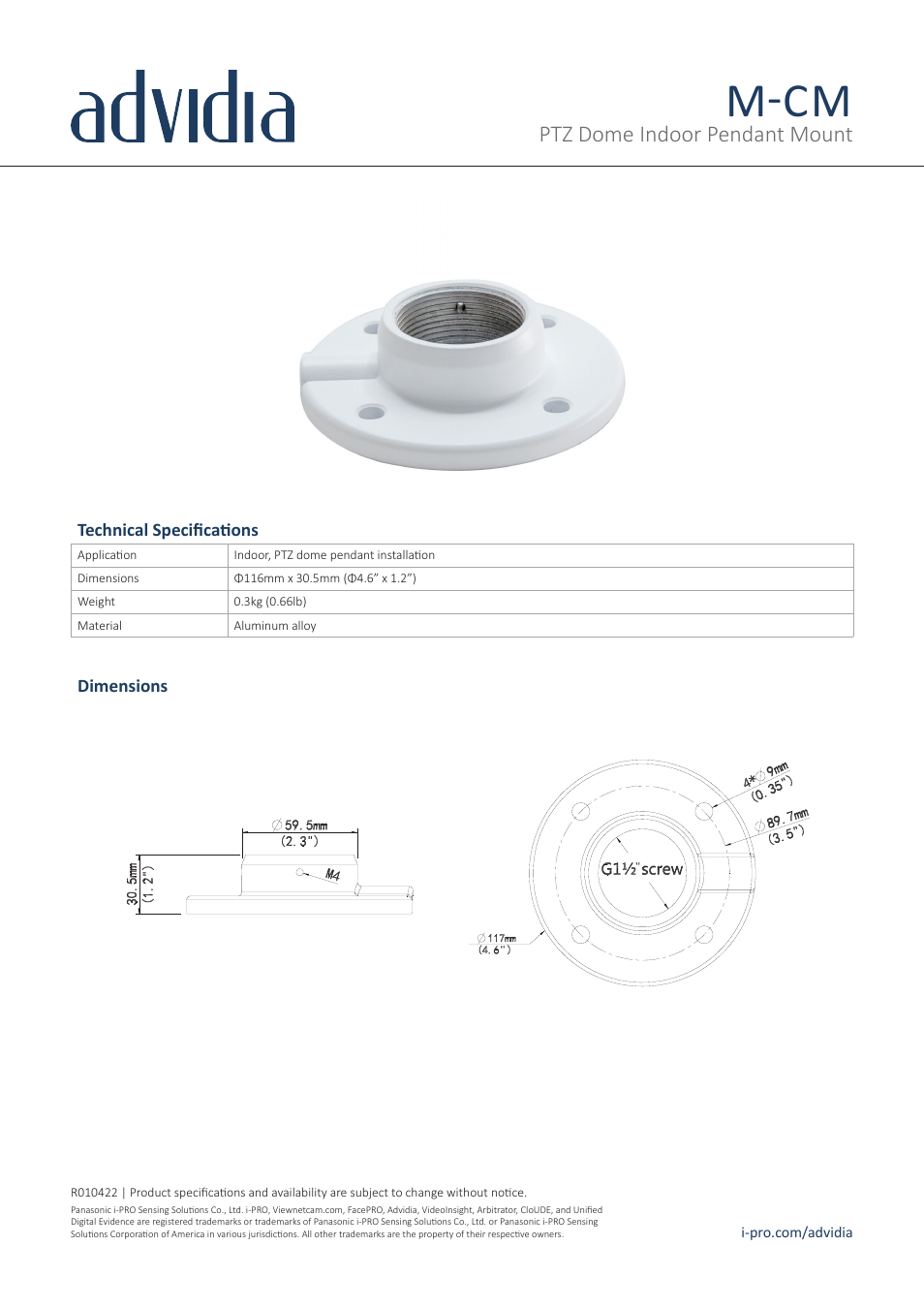 i-PRO M-CM PTZ Dome Indoor Pendant Mount User Manual | 1 page