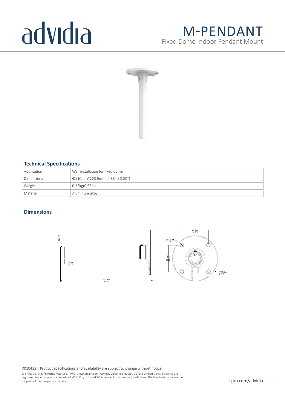 i-PRO M-PENDANT Fixed Dome Indoor Pendant Mount User Manual | 1 page