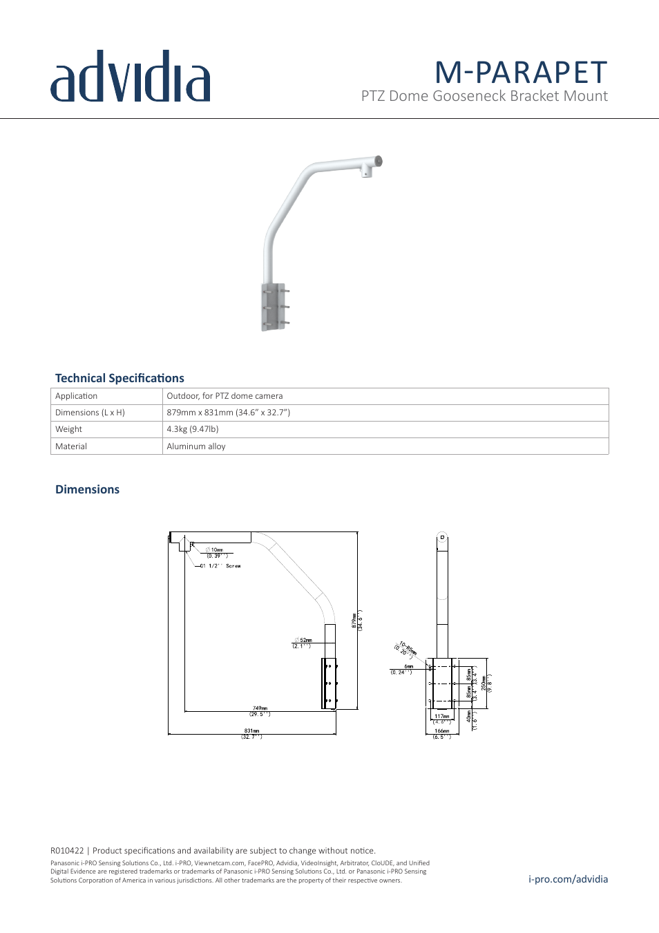 i-PRO M-PARAPET PTZ Dome Gooseneck Bracket Mount User Manual | 1 page