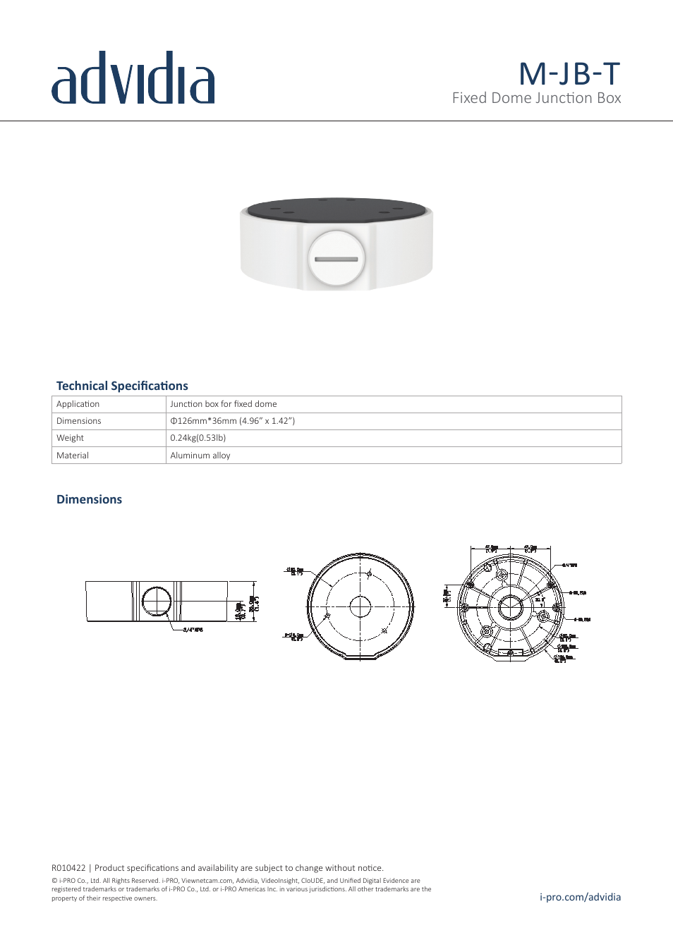 i-PRO M-JB-T Fixed Dome Junction Box User Manual | 1 page