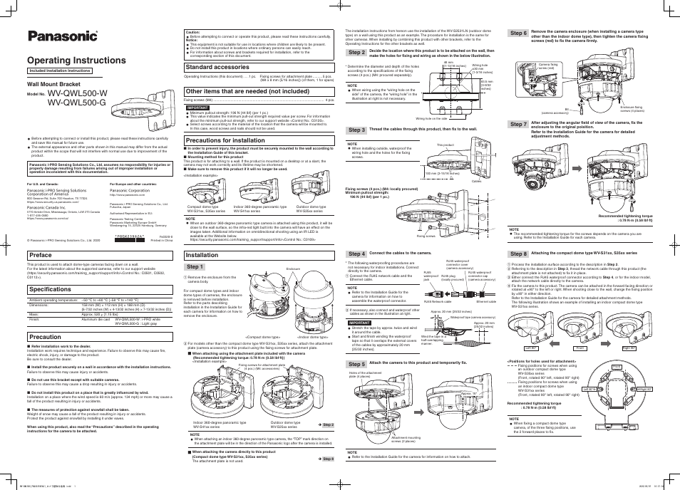 i-PRO WV-QWL500 Wall Mount Bracket (White) User Manual | 2 pages