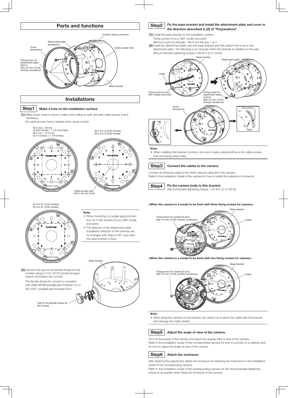 Parts and functions installations, Step1, Step2 | Step3, Step4, Step5, Step6 | i-PRO WV-QJB502 Ceiling Surface Mount Bracket (White) User Manual | Page 2 / 2