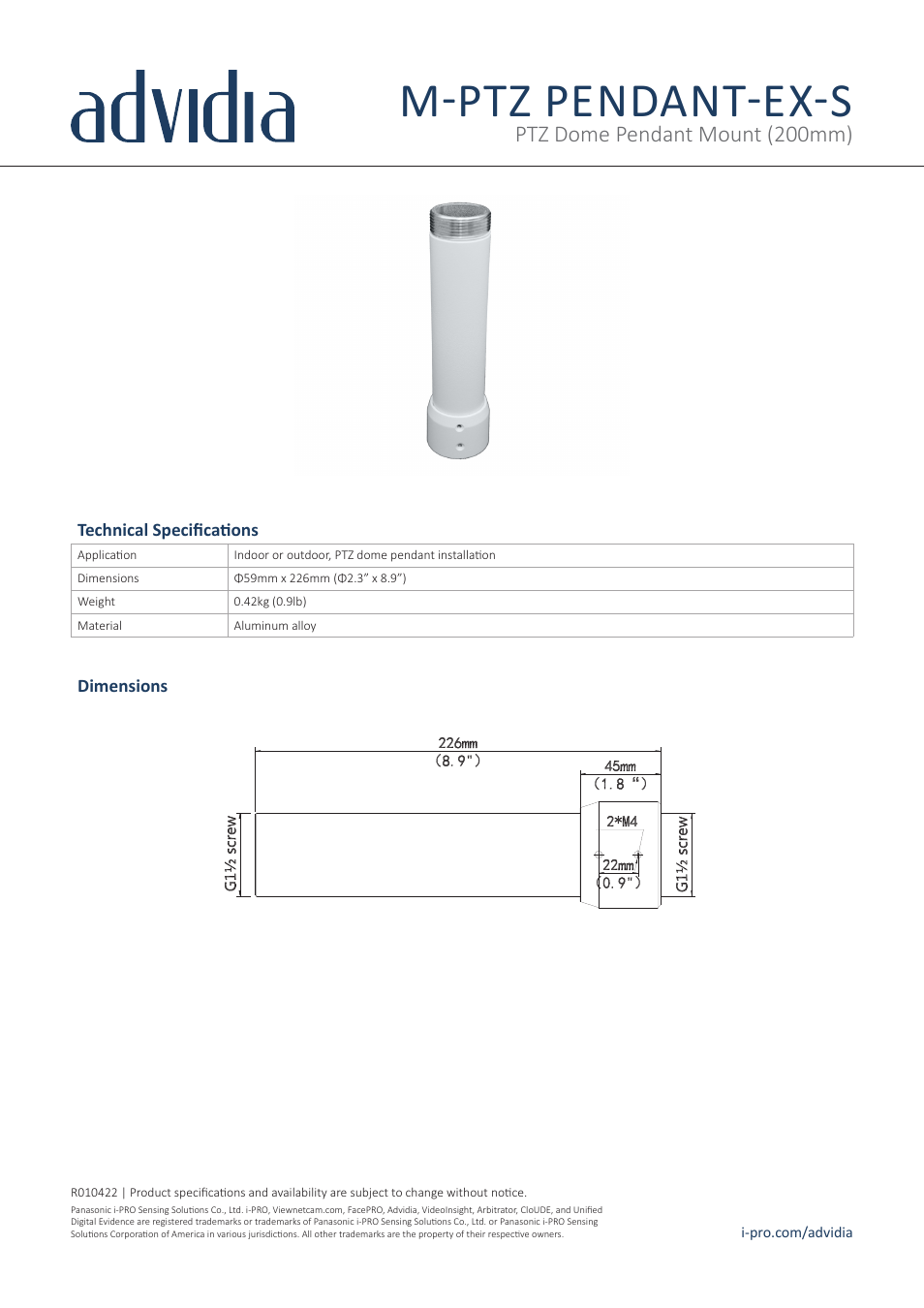 i-PRO M-PTZ PENDANT-EX-S PTZ Dome Pendant Mount (200mm) User Manual | 1 page