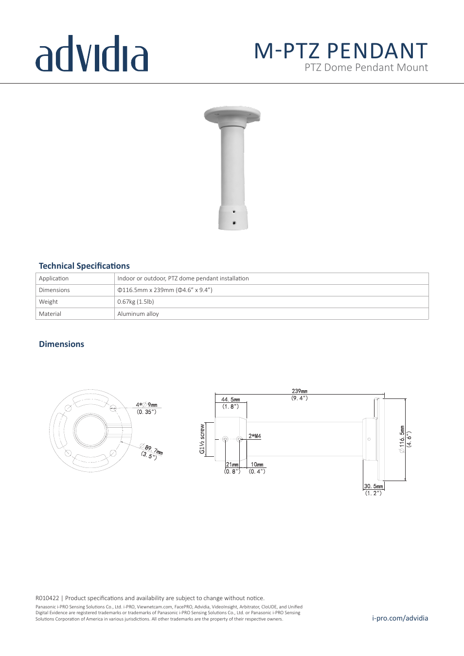 i-PRO M-PTZ PENDANT PTZ Dome Pendant Mount User Manual | 1 page