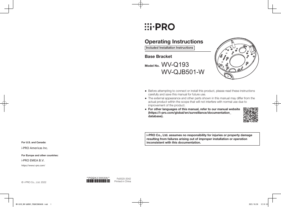 i-PRO WV-QJB501-W Base Mount Bracket (White) User Manual | 2 pages