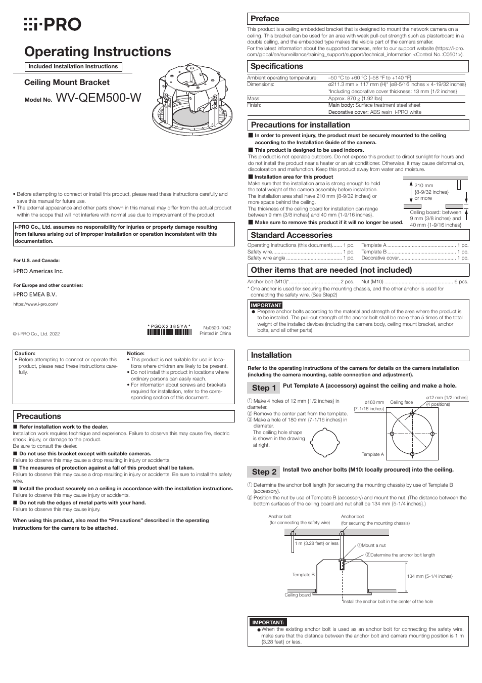 i-PRO WV-QEM500-W Embedded Ceiling Mount Bracket (White) User Manual | 2 pages