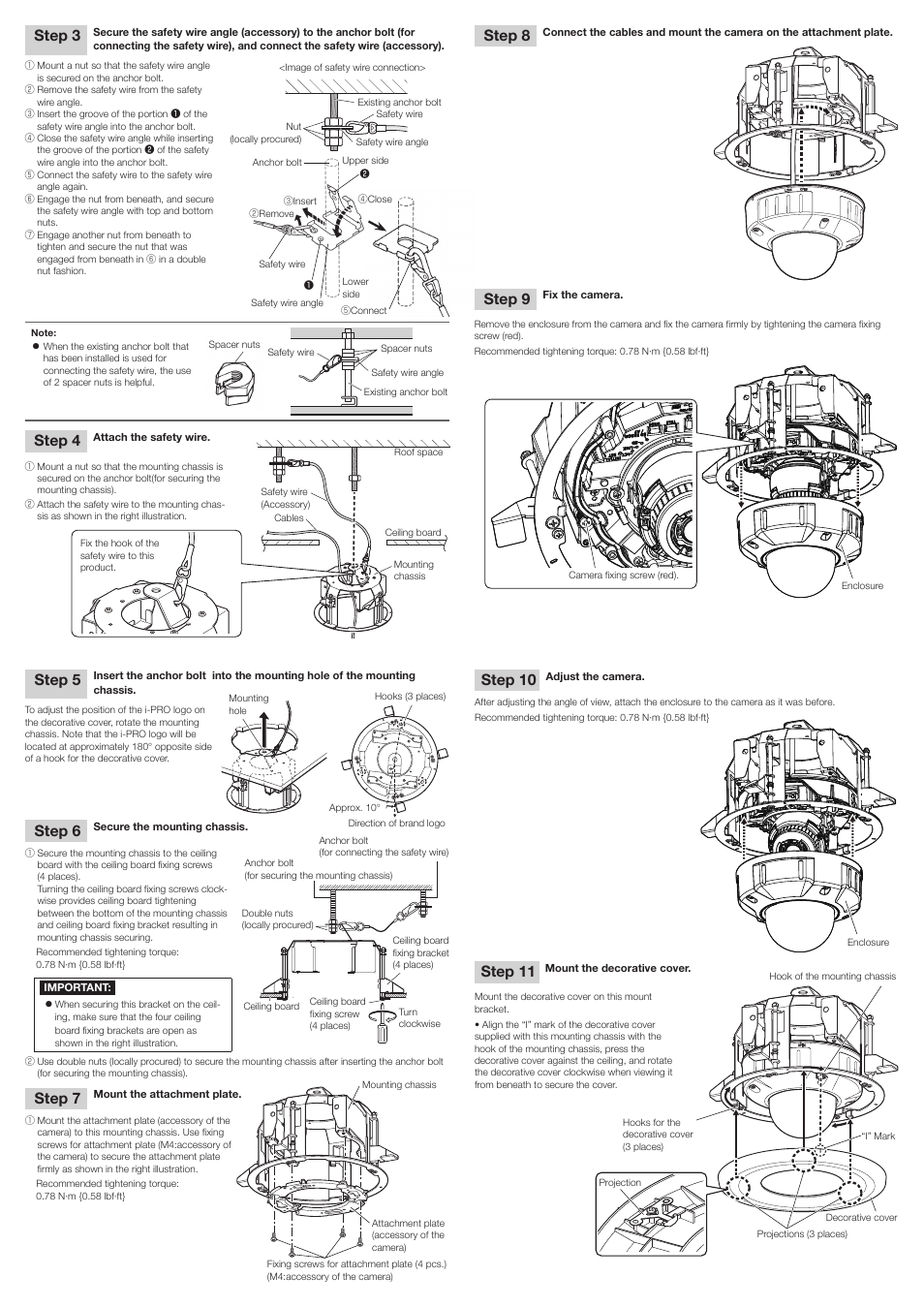 Step 3, Step 4, Step 5 | Step 6, Step 7, Step 8, Step 9, Step 10, Step 11 | i-PRO WV-QEM500-W Embedded Ceiling Mount Bracket (White) User Manual | Page 2 / 2